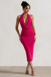 Hot Pink Cowl-Neck Midi Dress